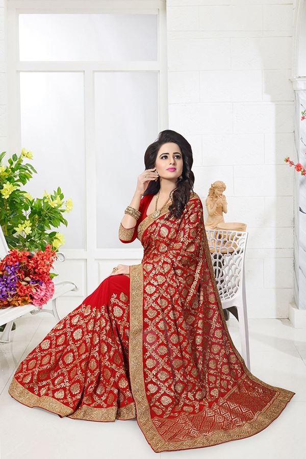 Sparkling red designer saree with zari