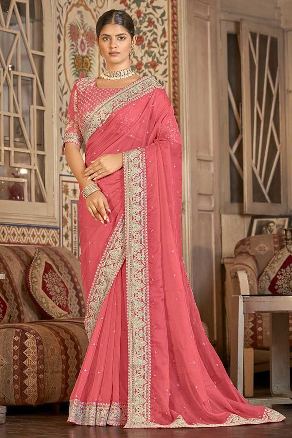 Enticing Coral Colored Designer Saree