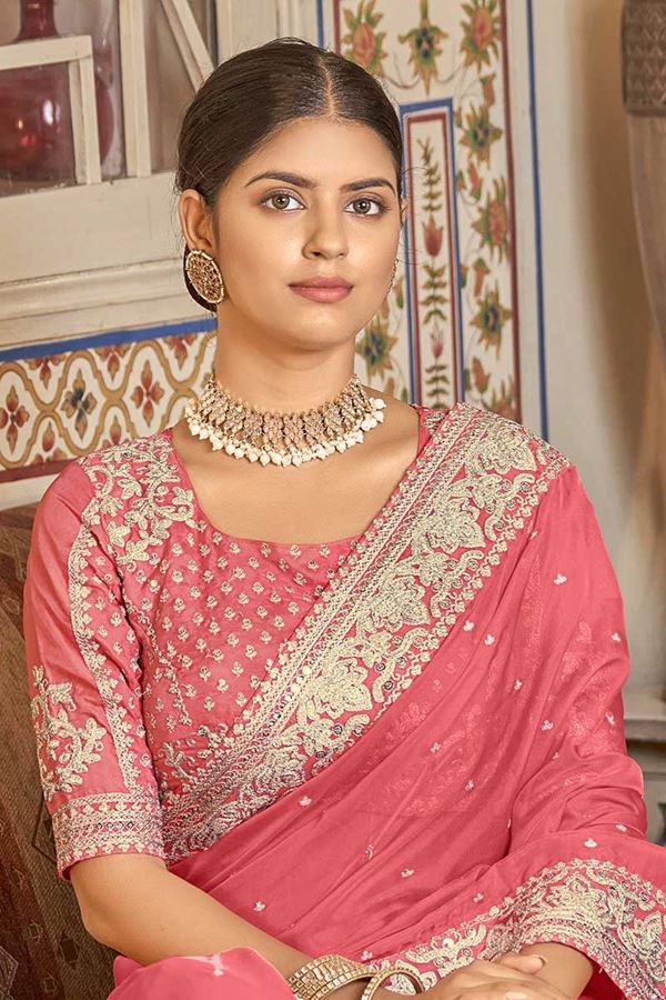 Enticing Coral Colored Designer Saree