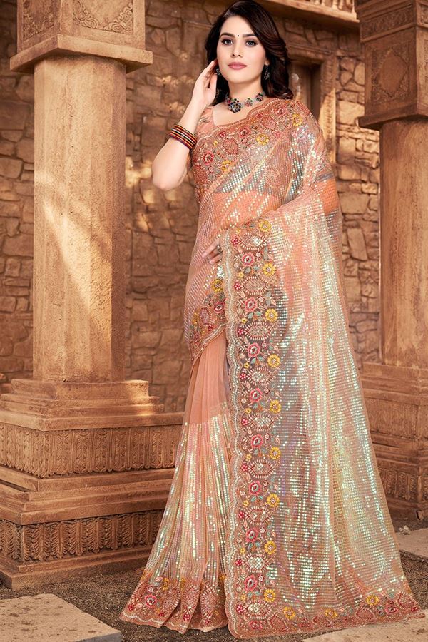tylish Peach Colored Designer Silk Saree