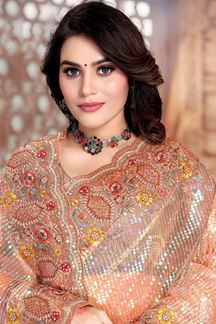 tylish Peach Colored Designer Silk Saree