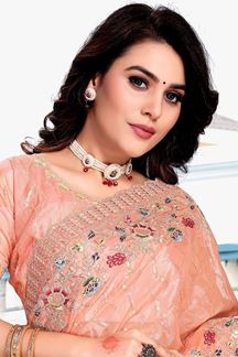 Fascinating Peach Colored Designer Silk Saree
