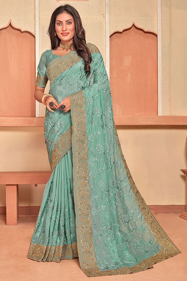 Alluring Sea Green Colored Designer Saree