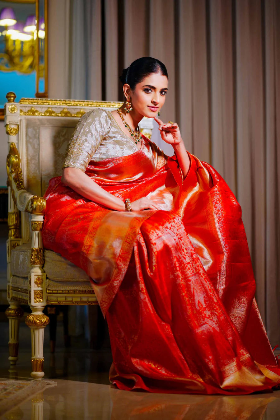 Neerus Gold Pure Silk Saree with Blouse