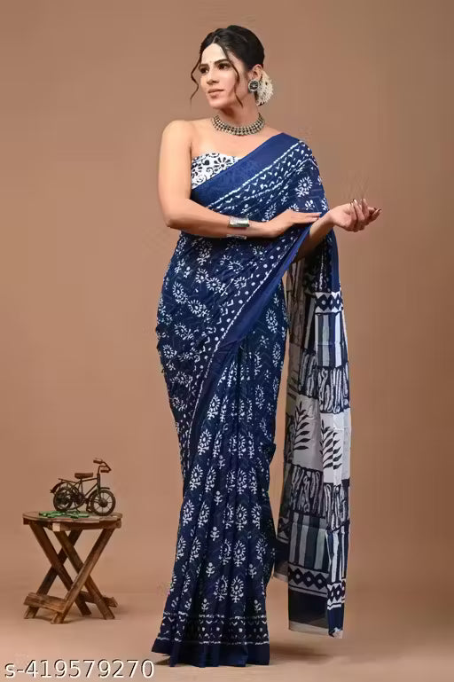 Jaipuri Hand Block Printed Soft Cotton Mulmul Saree ,Sanganeri Cotton Malmal Saree, Bagru Cotton Saree, Batic / Batik Print Cotton saree In Super Fine 92*80 Fabric Quality With Attached Blouse Piece for Woman